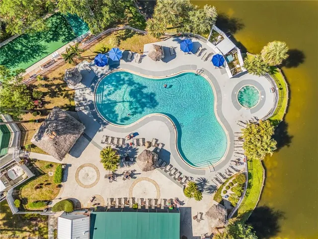 Drone / aerial view of a pool area