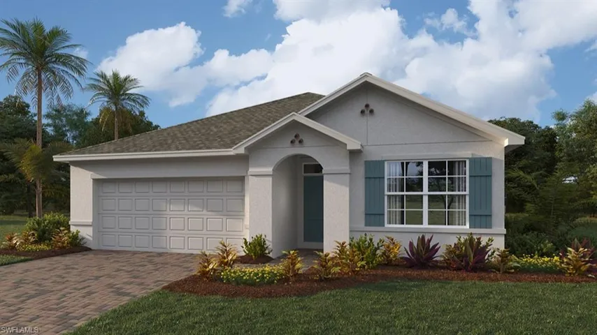View of front of home with decorative driveway, an attached garage, stucco siding, a front lawn, and roof with shingles