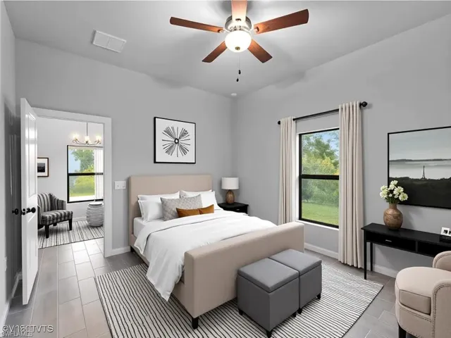 Virtually staged Bedroom with ceiling fan and multiple windows