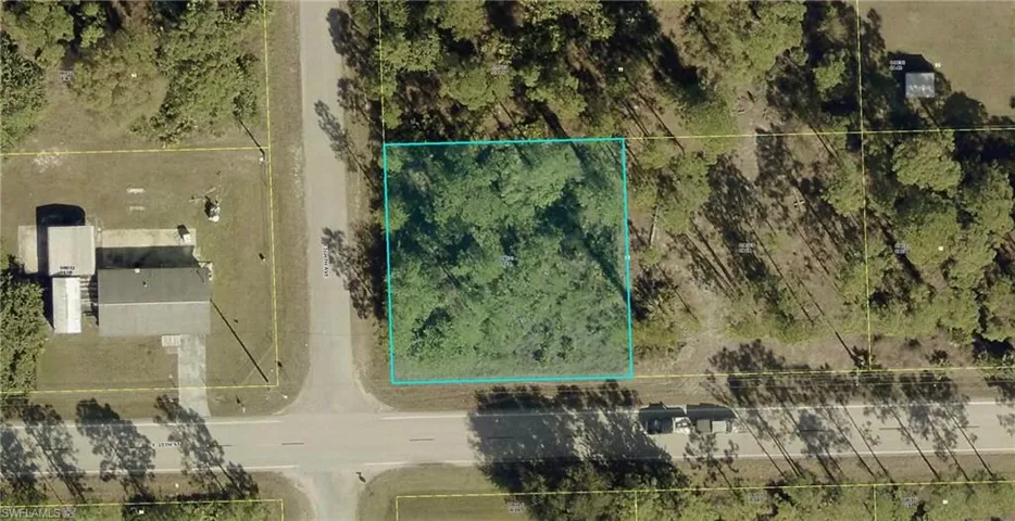 Aerial overview of property's location with property parcel outlined