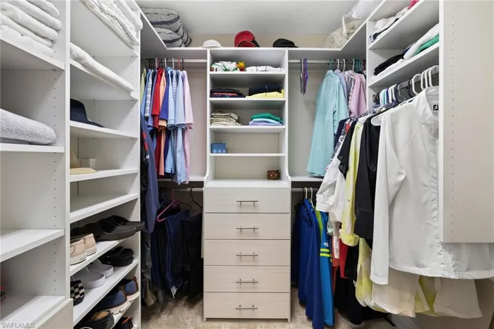 Spacious closet featuring light colored carpet