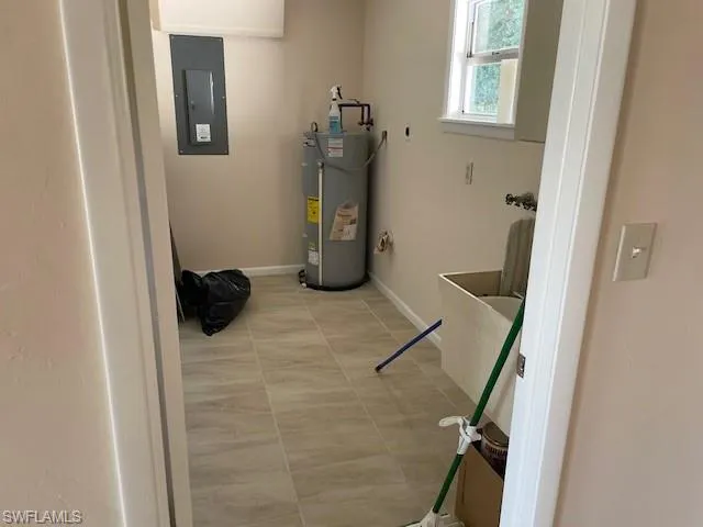 Utility room featuring water heater and electric panel