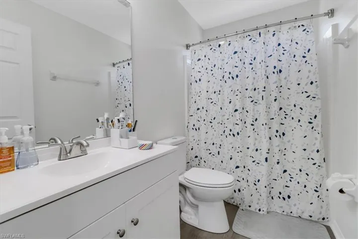 Bathroom with toilet, vanity, and a shower with curtain