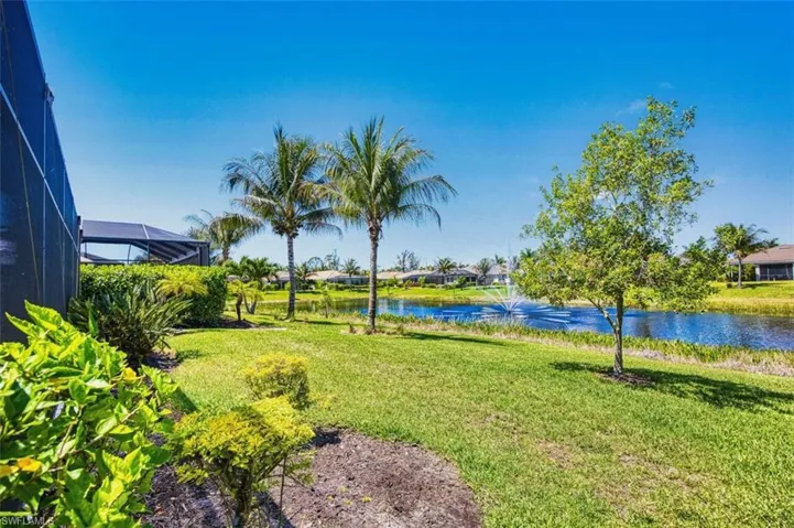 Expansive backyard featuring a lush lawn, mature palm trees, and a tranquil water feature
