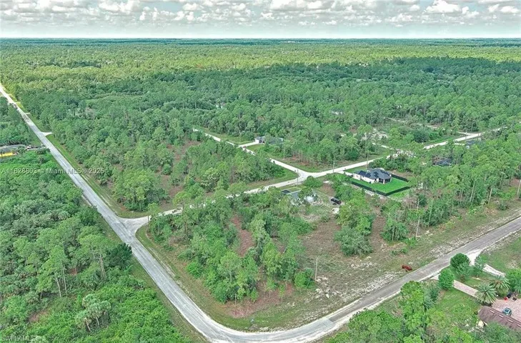 Aerial view of property and surrounding area with a forest