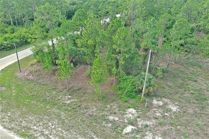 Aerial overview of property's location with a heavily wooded area