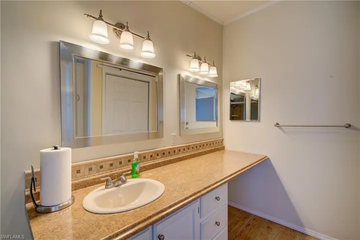 Bathroom featuring tasteful backsplash, vanity, light wood-style flooring, and crown molding