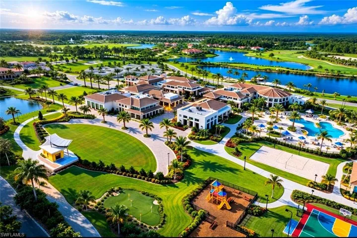Drone / aerial view of a large body of water and a golf course