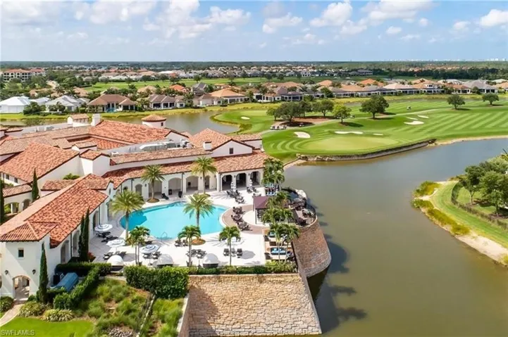 Bird's eye view of a large body of water and a golf club