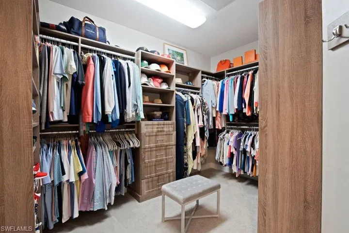 Walk in closet with light colored carpet
