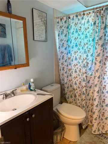 Full bath with vanity and curtained shower