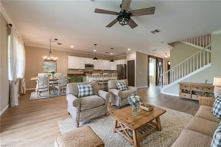 Virtually Staged Great Room view towards kitchen