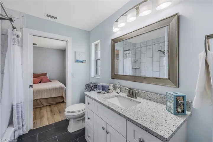 Bathroom featuring vanity, toilet, and hardwood / wood-style floors