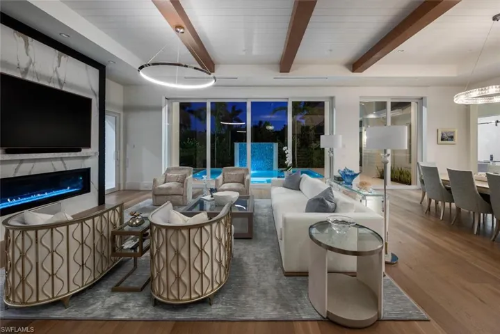 Great room with view of evening water feature