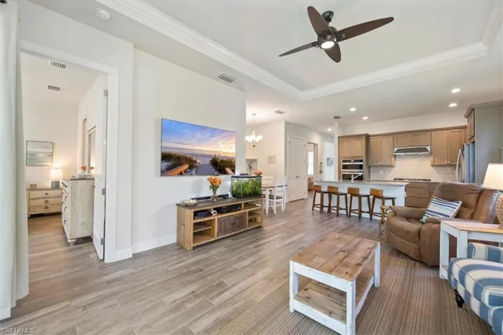 Great room facing the pre-wired flat screen TV wall