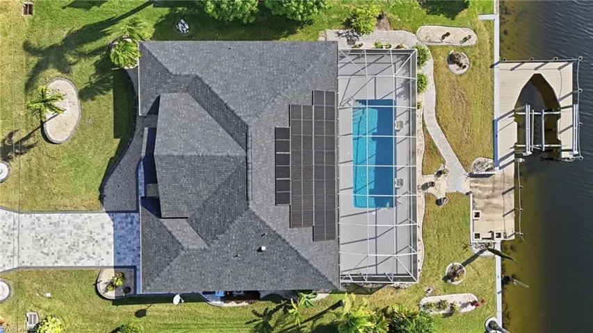 View from above of property with a pool area