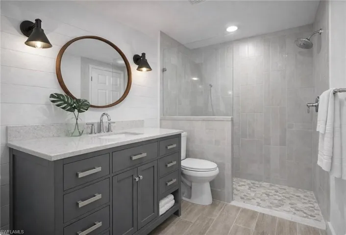 Photo includes reality renovation and/or staging to showcase the possibility of the guest bathroom. Design services included with purchase!