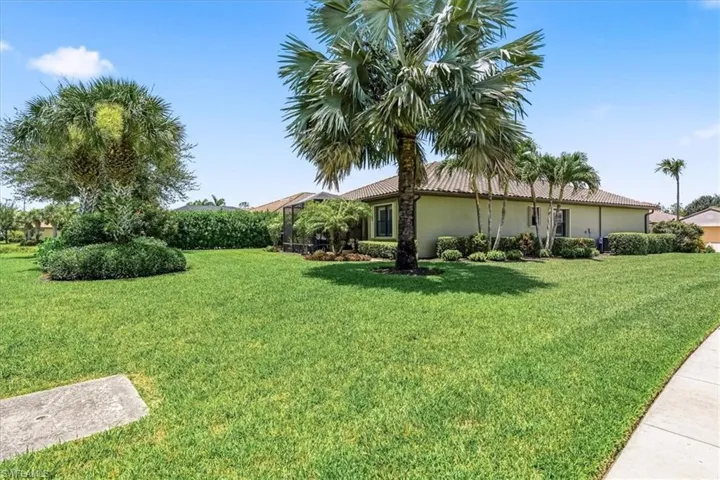 Expansive lawn with mature palm trees and established landscaping bordering a one-story property with a tile roof and stucco exterior