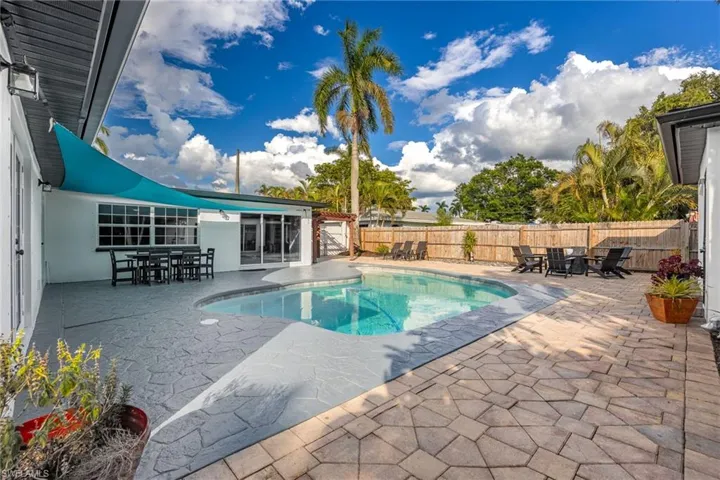 View of pool featuring outdoor dining area, a patio area, and a fenced backyard