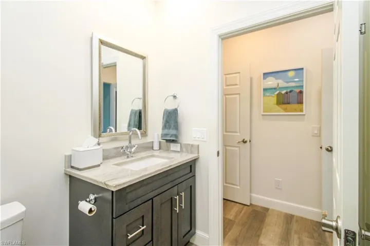 Bathroom with vanity, toilet, and hardwood / wood-style flooring