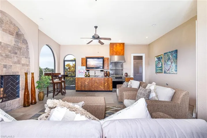 Fireplace and kitchen