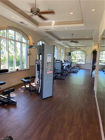 Gym with a tray ceiling, ceiling fan, dark hardwood / wood-style flooring, and ornamental molding