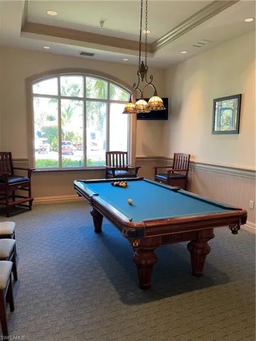 Game room with carpet floors, a raised ceiling, and pool table