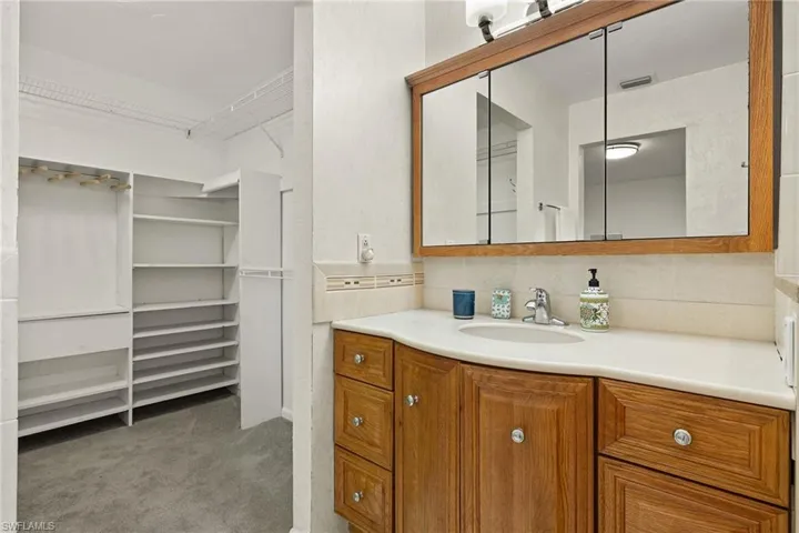 Bathroom featuring vanity and decorative backsplash