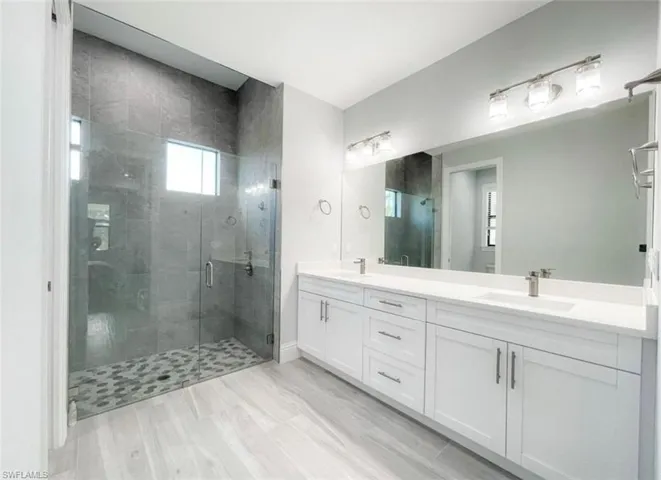 Full bathroom featuring double vanity, a shower stall, and a sink