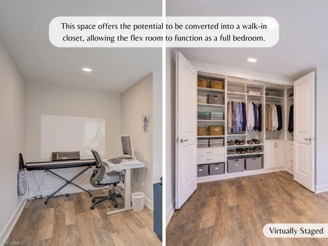Virtually staged closet where corner office space is in upstairs Flex Room