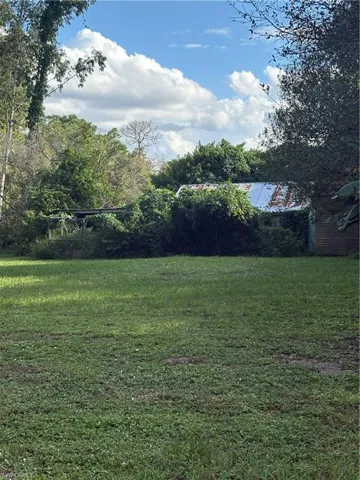 Expansive grass-covered lot featuring mature trees and a detached structure with a metal roof