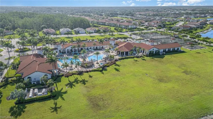 Aerial perspective of suburban area with a pool area