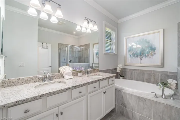 Bathroom featuring a stall shower, double vanity, a garden tub, ornamental molding, and tile patterned flooring