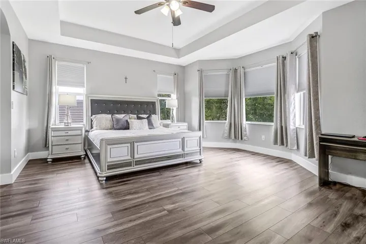 Bedroom featuring dark hardwood / wood-style floors, a tray ceiling, and ceiling fan