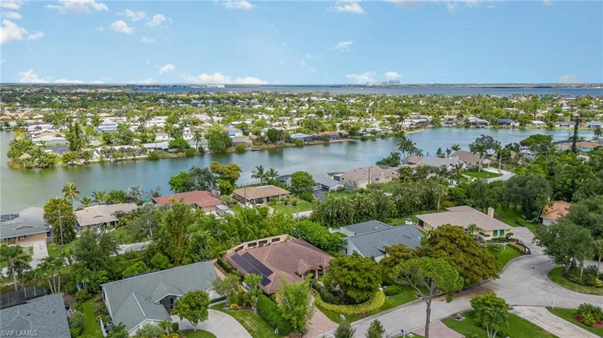 Birds eye view of property with a water view