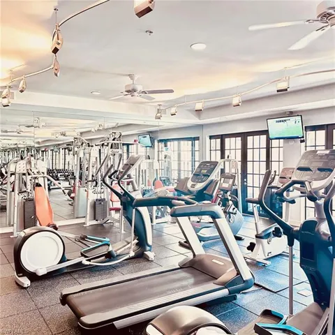Exercise room with ceiling fan