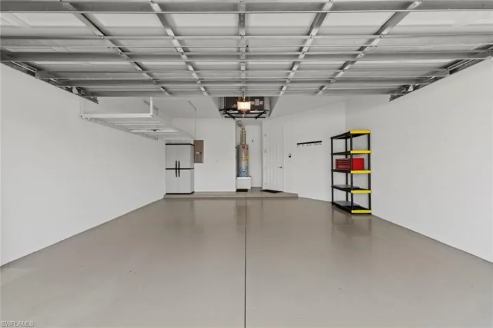 Garage with overhead rack for storage