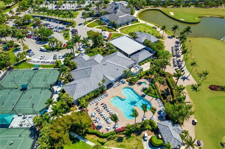 Aerial view of pool and tennis courts