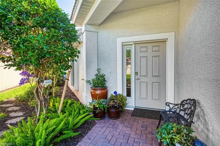 Doorway to property featuring stucco siding