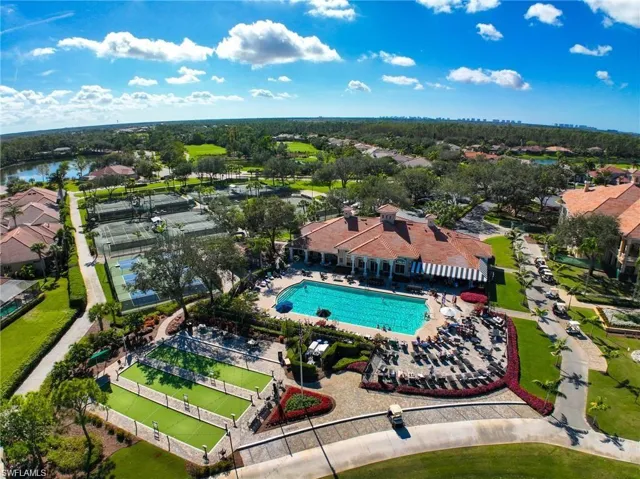 Birds eye view of property with a water view