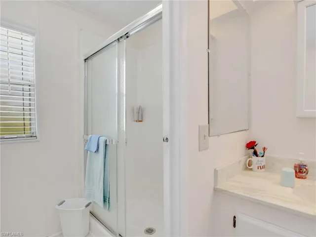 Bathroom with an enclosed shower and vanity