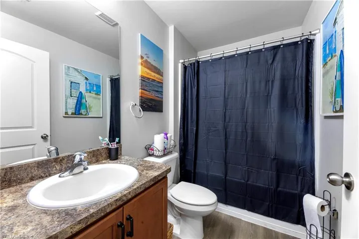 Bathroom featuring vanity, wood-type flooring, and toilet