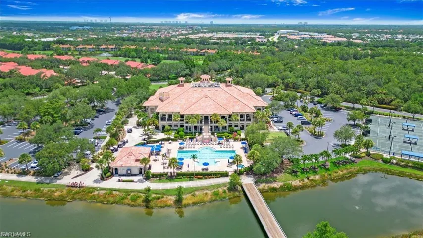 Bird's eye view of a pool and a nearby body of water