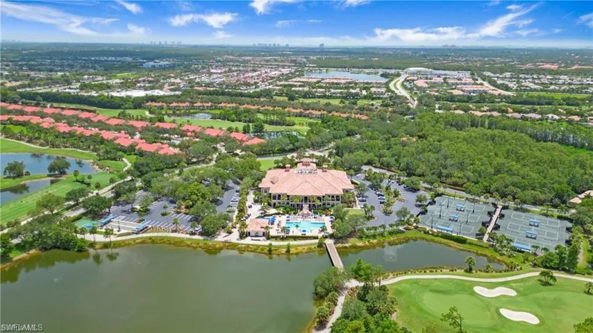 Aerial view of a local golf course and a nearby body of water