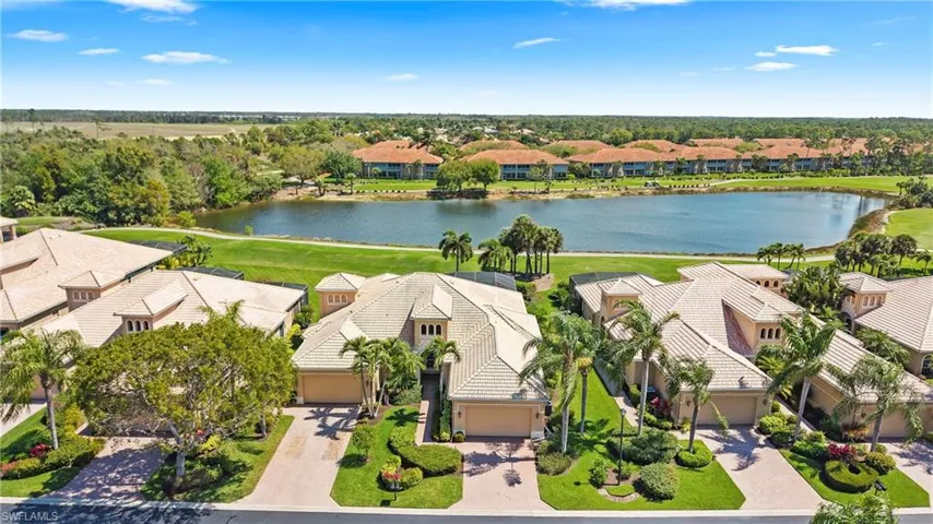Aerial perspective of suburban area featuring a nearby body of water and a local golf course