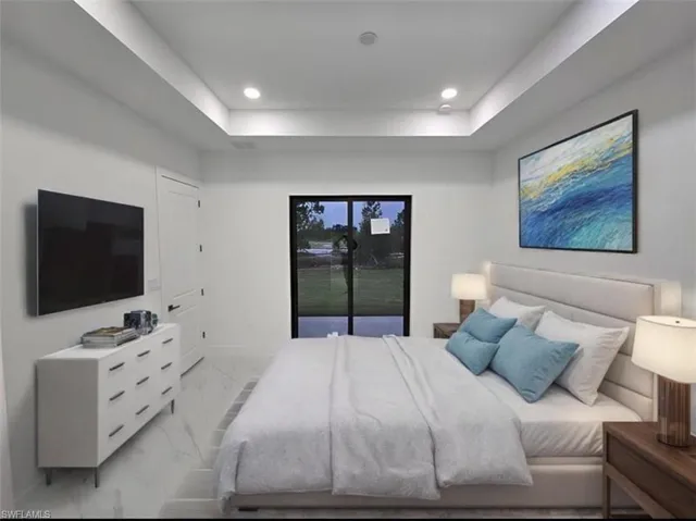 Bedroom featuring access to outside. Virtually staged