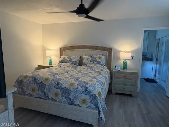 Bedroom featuring ceiling fan and wood finished floors