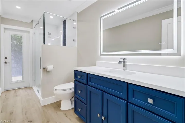 Bathroom featuring vanity, wood-type flooring, walk in shower, crown molding, and toilet