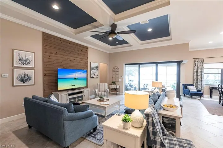 Great room with coffered ceiling