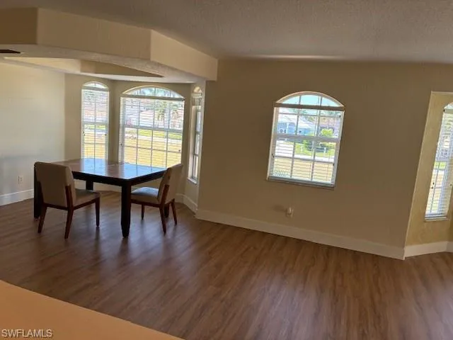 Dining room with a textured ceiling, dark wood-style flooring, healthy amount of natural light, and a textured wall